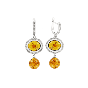 Silver earrings with amber, zirconia 