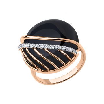 Gold-plated silver and rhodium ring with black agate and zirconia 