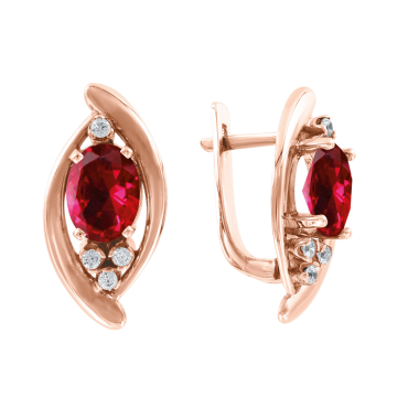 Earrings in red gold of 585 assay value with ruby HTS, zirconia 