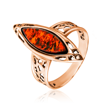 Женское Кольцо в серебре 925 пробы позолоченное с янтарем 