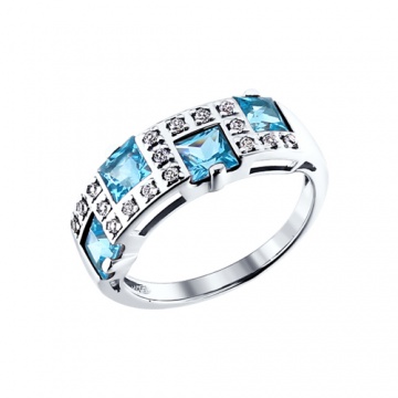 Silver ring with zirconia and blue topaz 