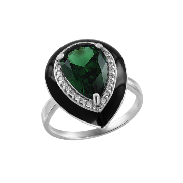 Silver ring with green sitall, zirconia, black enamel 