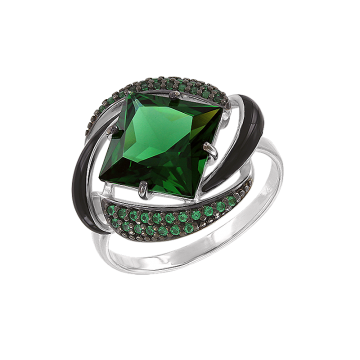 Женское серебряное кольцо 925 пробы с зеленым ситаллом, фианитами, черной эмалью 