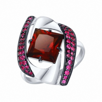 Silver ring with red Sitall HTS  and red zirconia 
