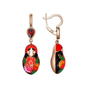 Gold-plated earrings with beautiful enamel and red zirconia 