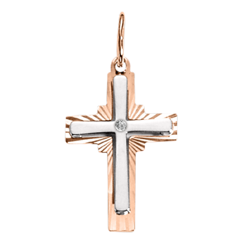 Крестик православный из красного с белым золота 585 пробы с Бриллиантом 