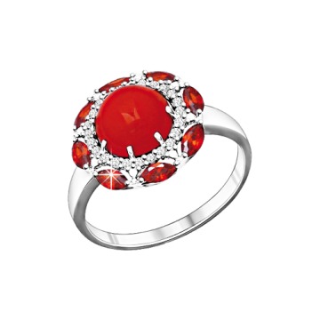 Женское серебряное кольцо 925 пробы с фианитами, кораллы 