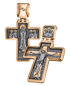 Orthodox cross pendant "Crucifixion of Christ", "Diveevskaya icon" in gold-plated silver 