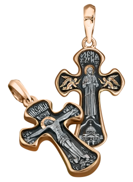 Orthodoxer Kreuzanhänger „Kreuzigung Christi“, „Xenia von Petersburg“ Silber 925°, vergoldet 999° 