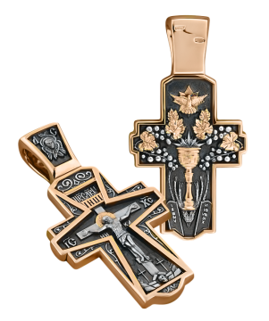Orthodox cross pendant "Eucharist" made of 925 sterling silver, gilded with 999 red gold. 