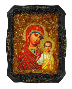 Русская православная икона «Казанской» Божьей Матери украшенная натуральным янтарем 