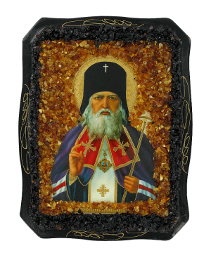 Русская православная икона "святого Луки", украшенная натуральным янтарем 