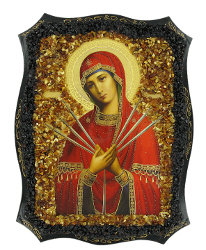 Russian Orthodox Icon decorated with genuine amber. Icon softening bad heart - Semistrelnay 