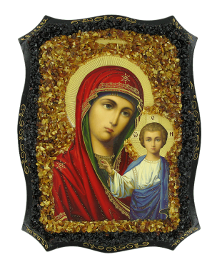 Православная икона «Казанской» Божьей Матери украшенная натуральным янтарем 