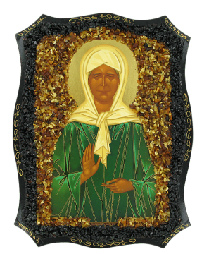 Orthodox Icon of the Blessed Matron of Moscow decorated with genuine amber 