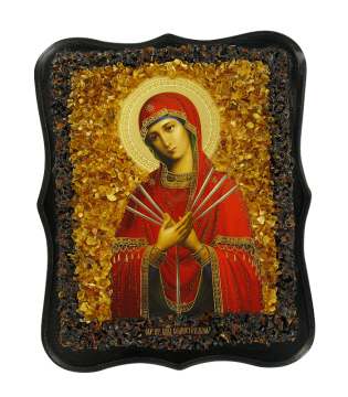 Orthodox Icon "softening bad heart" - "Semistrelnay", with genuine amber decorated 