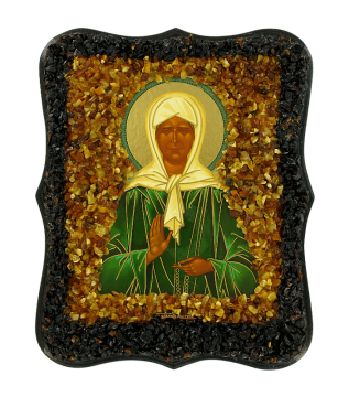 Православная икона "Блаженной Матроны Московской" украшенная натуральным янтарем 