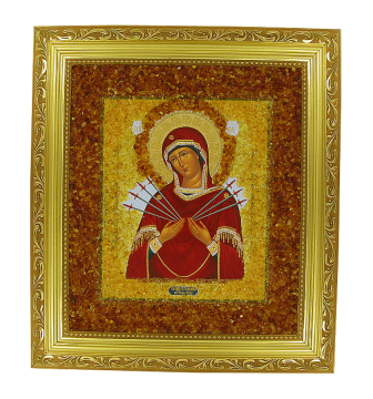 Русская православная икона "Семистрельная" Богородицы, украшенная натуральным янтарем 