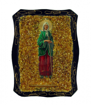 Orthodox Icon of Xenia of Petersburg decorated with genuine amber, Icon of Xenia of Petersburg 