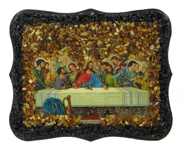 Православная икона, "Тайная вечеря" украшенная натуральным янтарем 