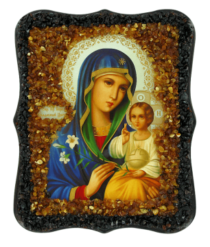 Православная Икона "Неувядаемый Цвет" украшенная натуральным янтарем 