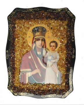 Orthodox icon of the Mother of God "Look at humility" decorated with natural amber 