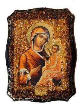 Русская православная икона "Богородица Тихвинская"б украшенная натуральным янтарем 