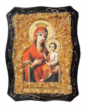 Русская православная икона Божья Матерь «Скоропослушница», украшенная натуральным янтарем 