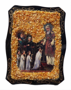 Orthodox icon "Introduction to the Church of the blessed virgin" decorated with natural amber 