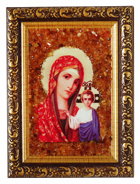 Русская православная икона «Казанской» Божьей Матери украшенная натуральным янтарем 