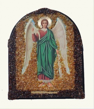 Православная икона "Ангел-хранитель", украшена натуральным янтарем 