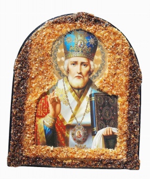Православная икона "Николай Чудотворец" украшенная натуральным янтарем 