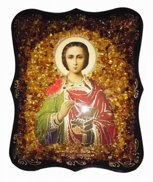 Orthodox icon "St. Panteleimon the great martyr and healer" decorated with natural amber 