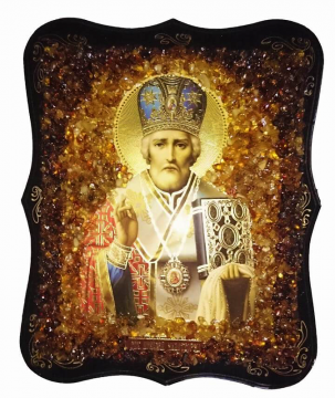 Православная икона "Николая Чудотворца" украшенная натуральным янтарем 