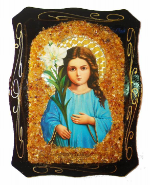 Русская православная икона «Трилетсвующая» украшенная натуральным янтарем 