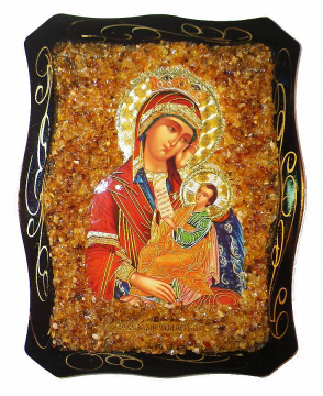 Русская православная икона "Утоли мои печали", украшенная натуральным янтарем, 