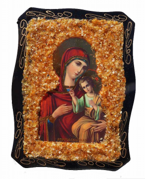 Russische orthodoxe Ikone Mutter Gottes von "Jerusalemskaya", mit echtem Bernstein Geschmückt 