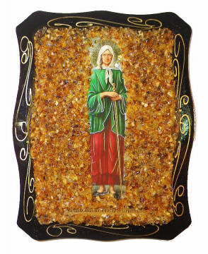 Orthodox Icon of the Holy Blessed "Xenia of Petersburg" decorated with genuine amber, 