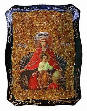 Russische orthodoxe Ikone Gottesmutter "Derzhavnaya", mit echtem Bernstein Geschmückt 