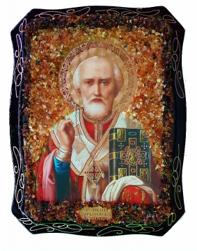 Orthodox icon "St. Nicholas the Wonderworker" decorated with natural amber 