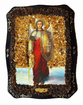 Orthodox icon "Archangel Michael" decorated with natural amber 