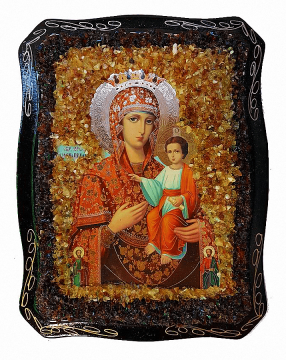 Православная икона божией матери "самонаписавшаяся" украшенная натуральным янтарем 