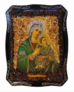 Orthodox icon "Holy Mother of God" decorated with natural amber 