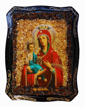 Русская православная икона "Божией Матери Троеручица", украшенная натуральным янтарем 