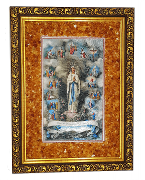 Католическая икона "Дева Мария", украшенная натуральным янтарем 