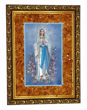 Католическая икона "Мария", украшенная натуральным янтарем 