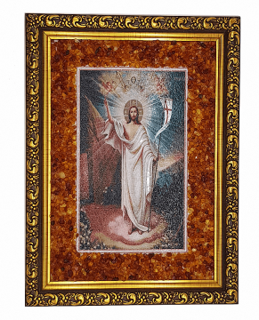 Католическая икона "Воскресение Христово" украшенная натуральным янтарем 