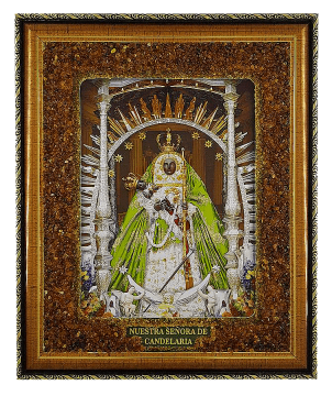 Spanish icon "Candelaria" decorated with natural amber 