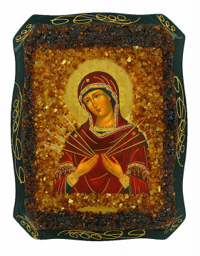 Русская православная икона, «Семистрельная» икона Богородицы украшенная натуральным янтарем 
