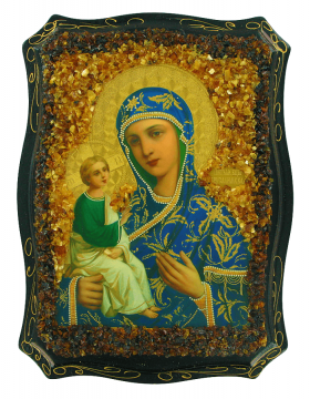 Orthodox icon "The Mother Of God of Jerusalem" decorated with natural amber 